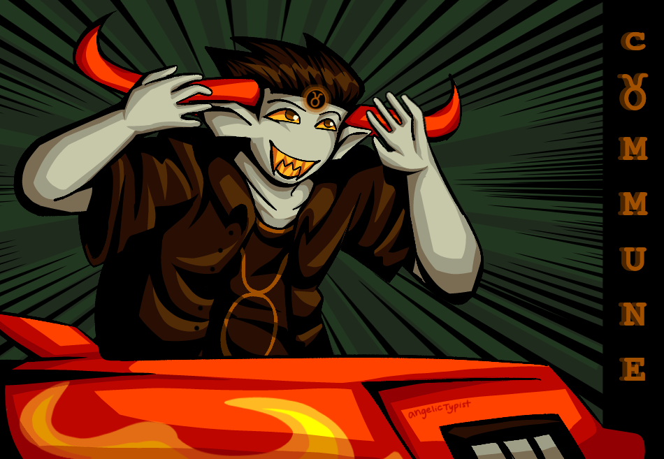 A digital drawing of Tavros, as a redrawn panel of page 2367 of Homestuck. The rendering is done with cell shading, and the drawing has a green-yellow tint to it. Tavros puts her hands near her head, grinning, as she prepares to commune. She is also sitting in her rocket car.